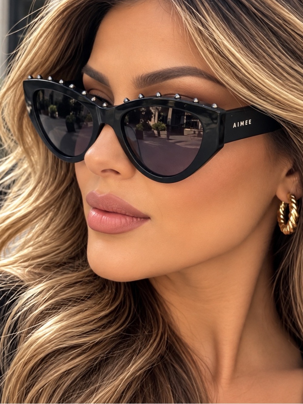 Aimee Leon Dore Black Cat-Eye Sunglasses with Stud Accents